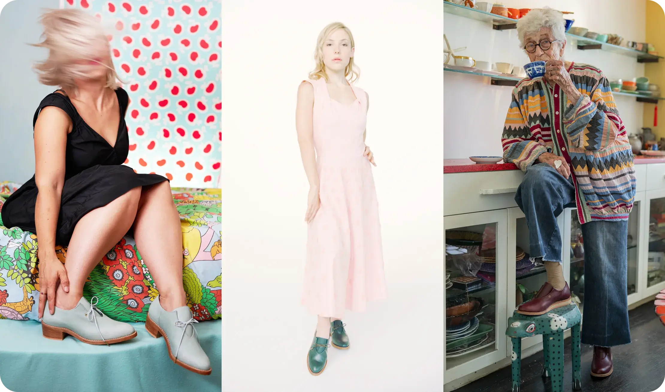 Bathke Bespoke: three lifestyle portraits of people wearing the shoes in different settings