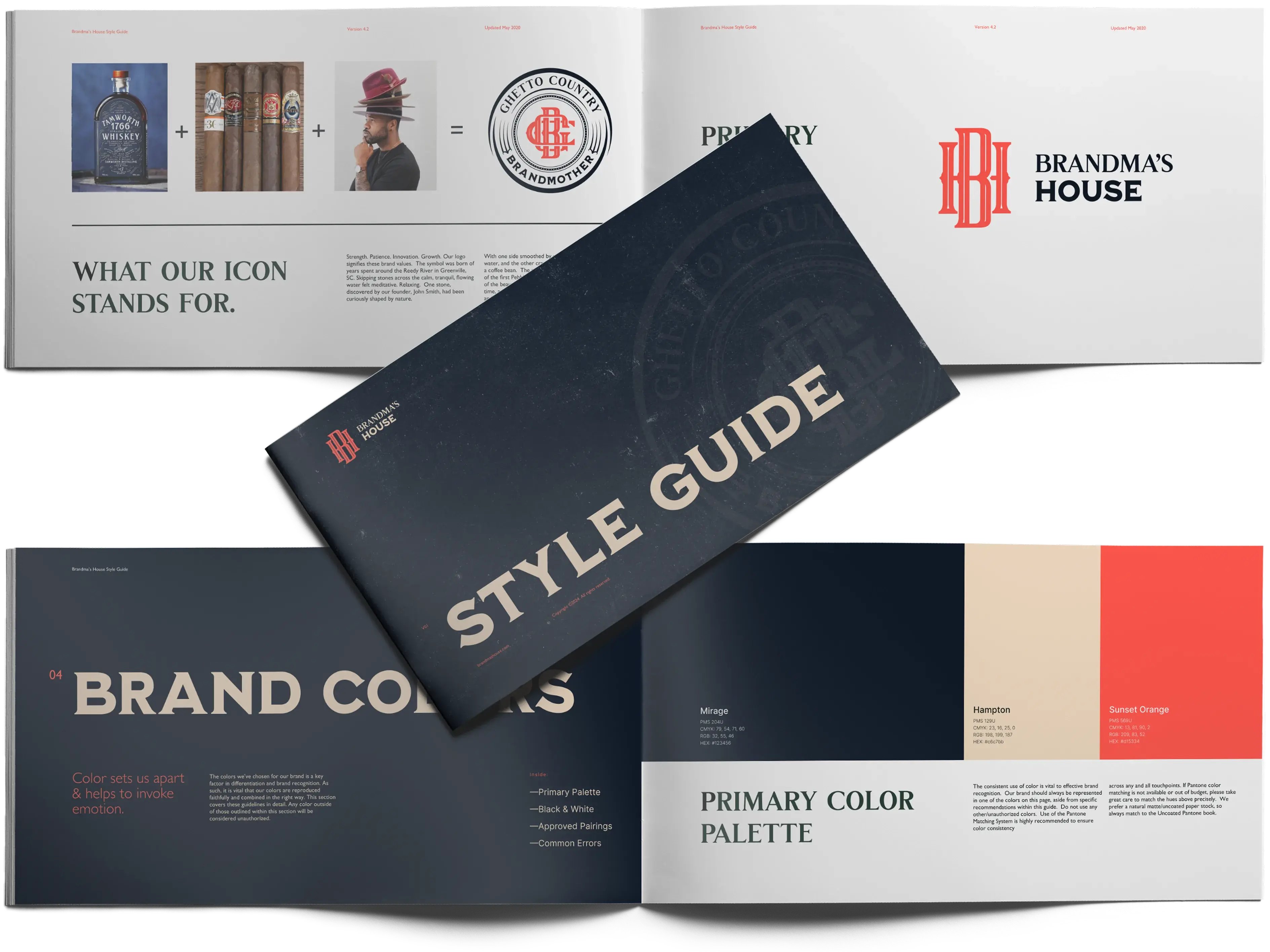 Ghetto Country Brandmother: Brandma's House style guide spread: icon meaning, cover, and primary colour palette