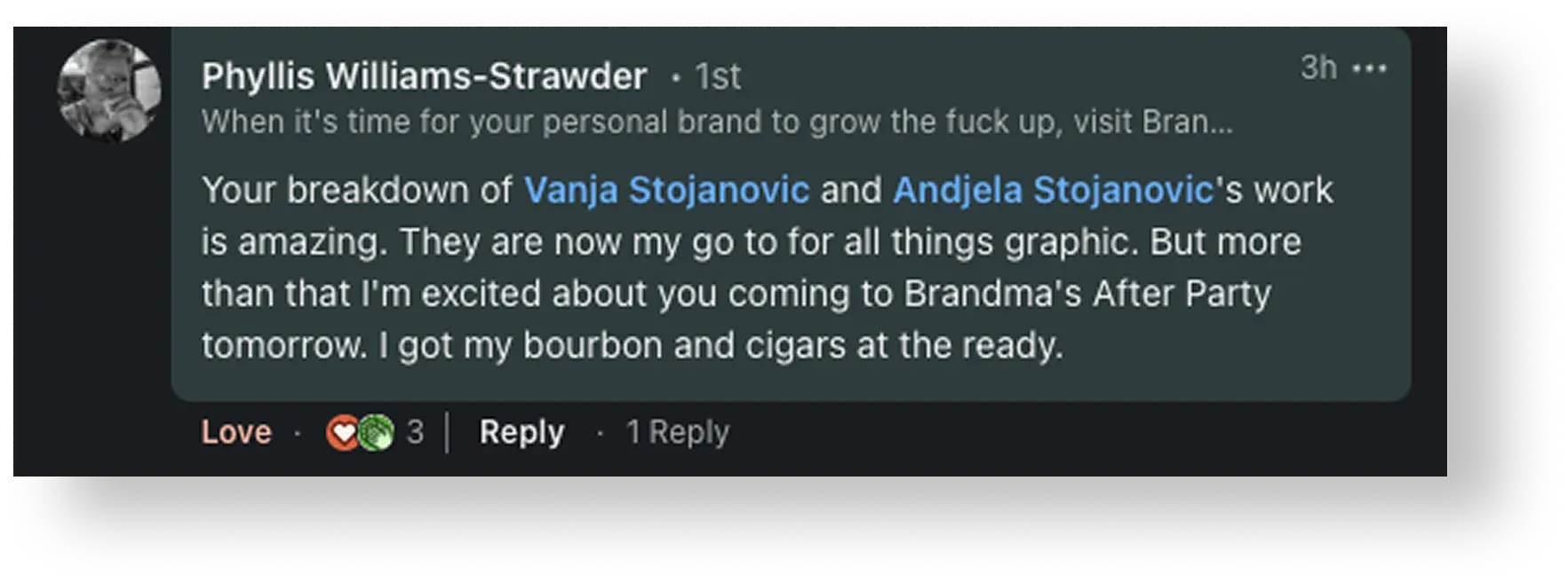 LinkedIn testimonial praising the Ghetto Country Brandmother rebrand, screenshot 1 of 12