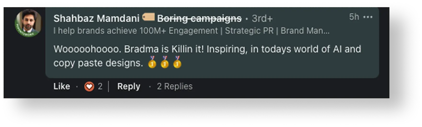 LinkedIn testimonial praising the Ghetto Country Brandmother rebrand, screenshot 4 of 12
