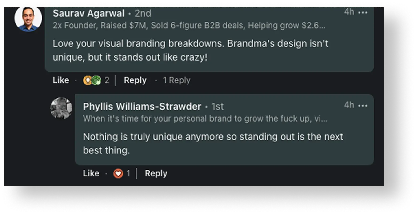 LinkedIn testimonial praising the Ghetto Country Brandmother rebrand, screenshot 9 of 12