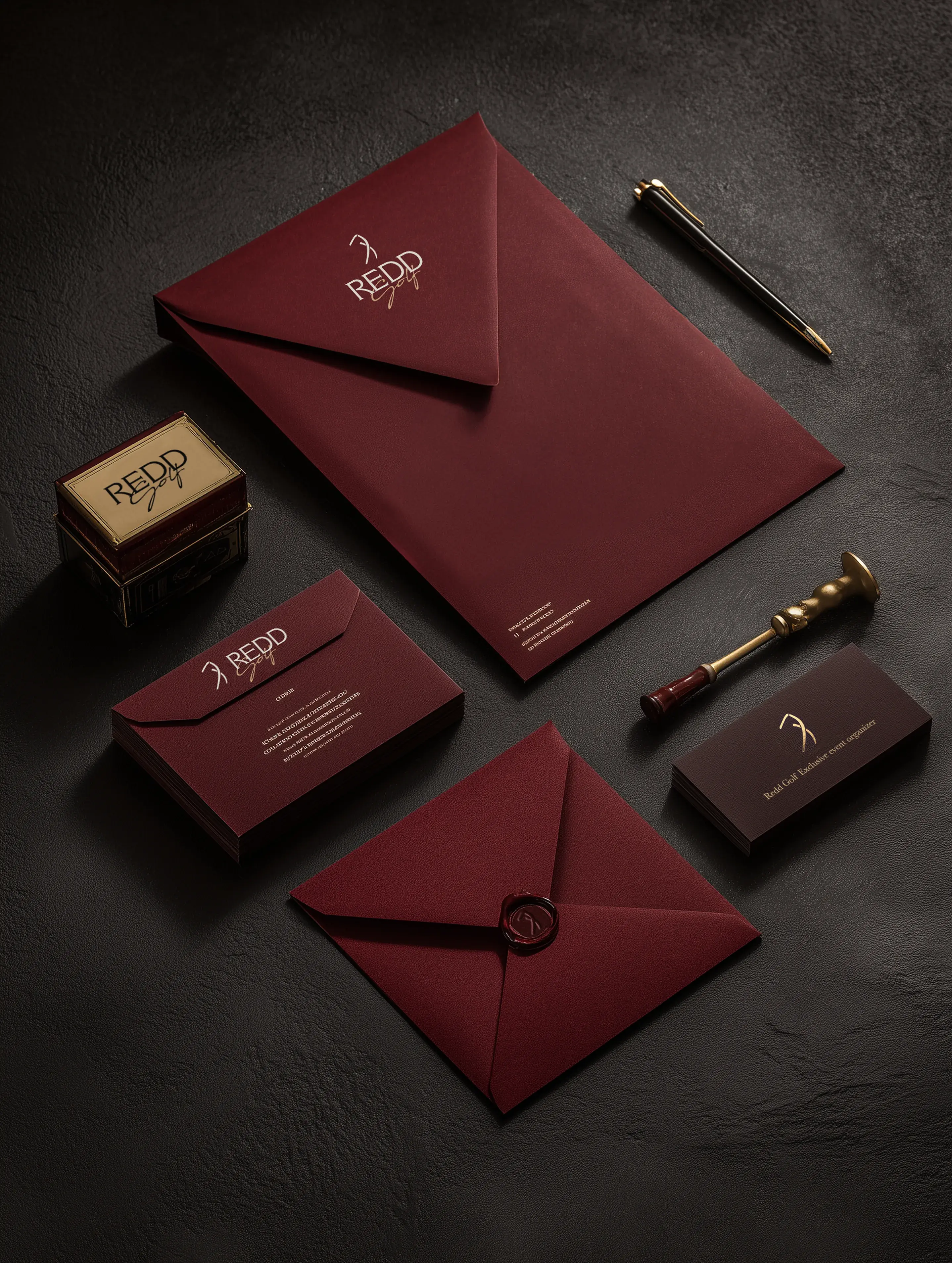 Redd Golf stationery photography in dark maroon and gold