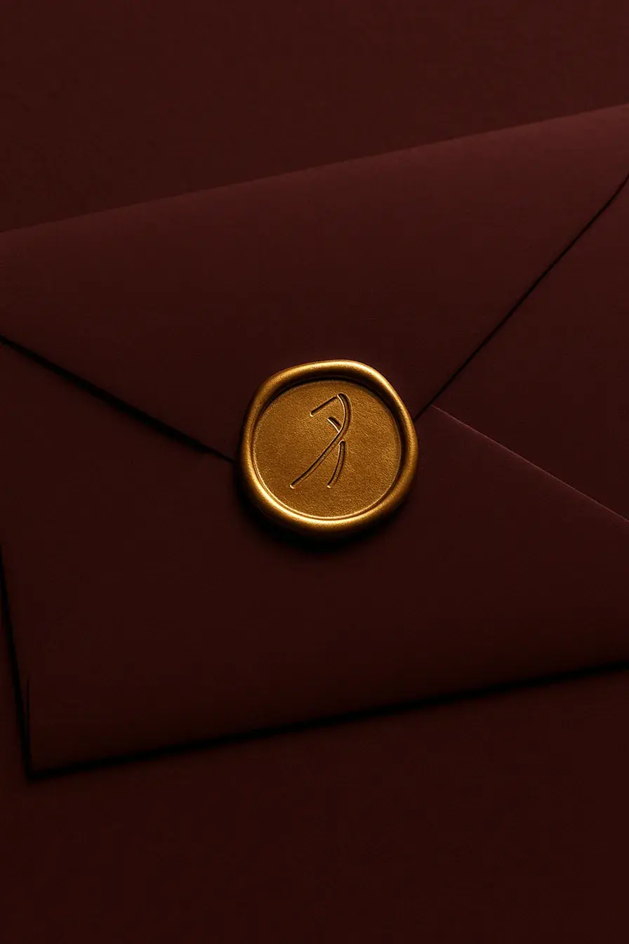 Dark maroon Redd Golf envelope with a gold wax seal