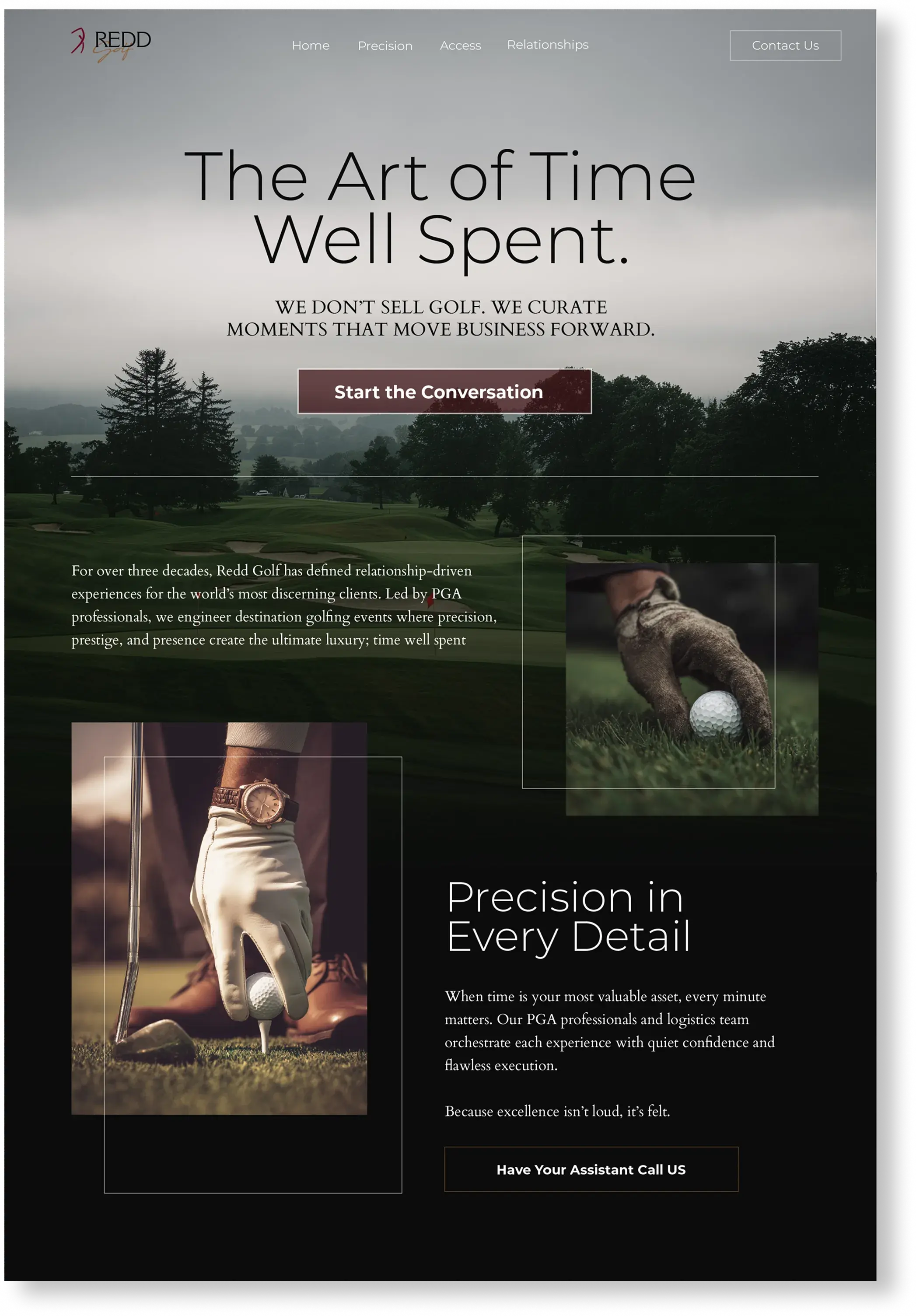 Redd Golf website design: The Art of Time Well Spent landing page