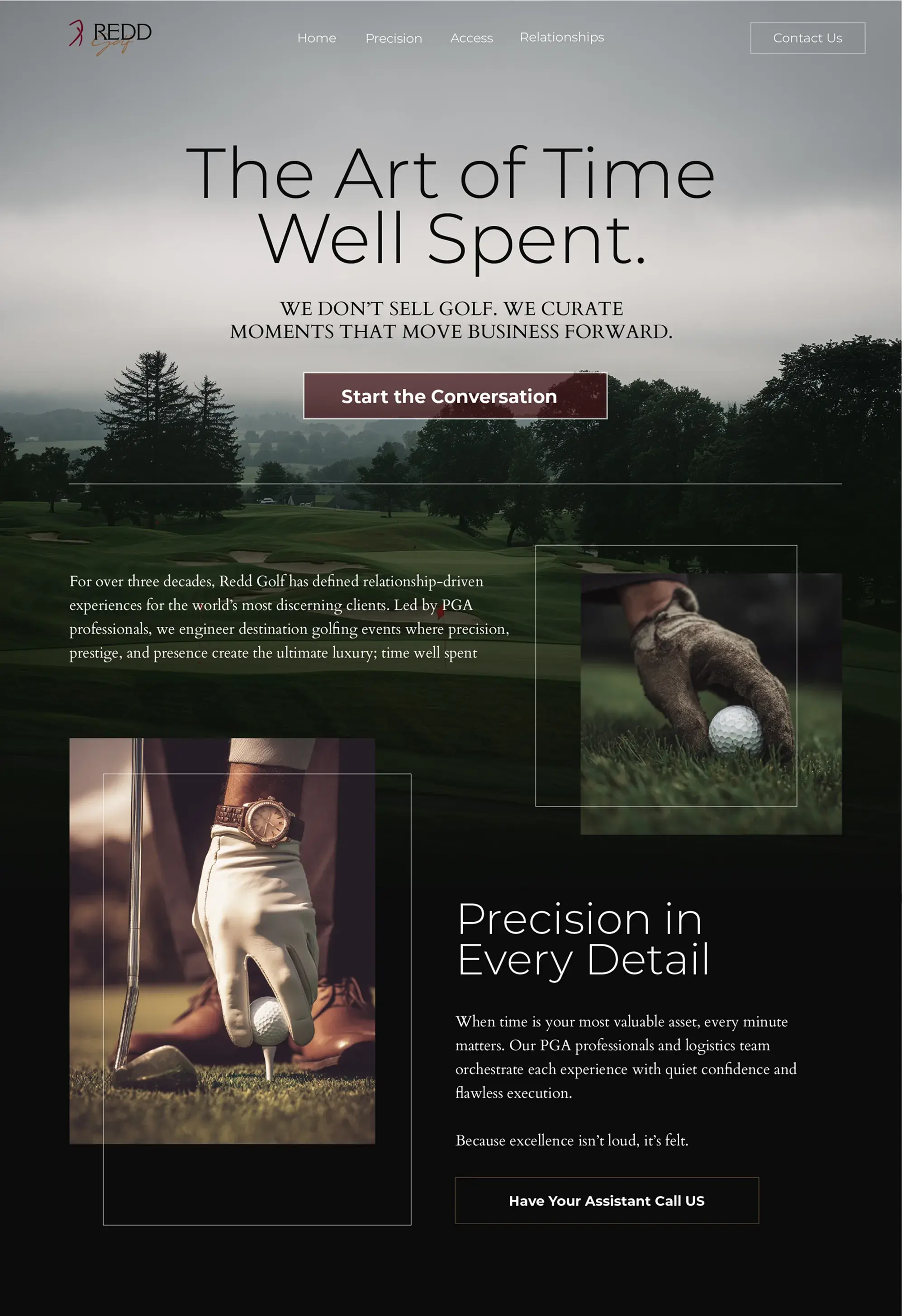 Redd Golf website design: The Art of Time Well Spent landing page