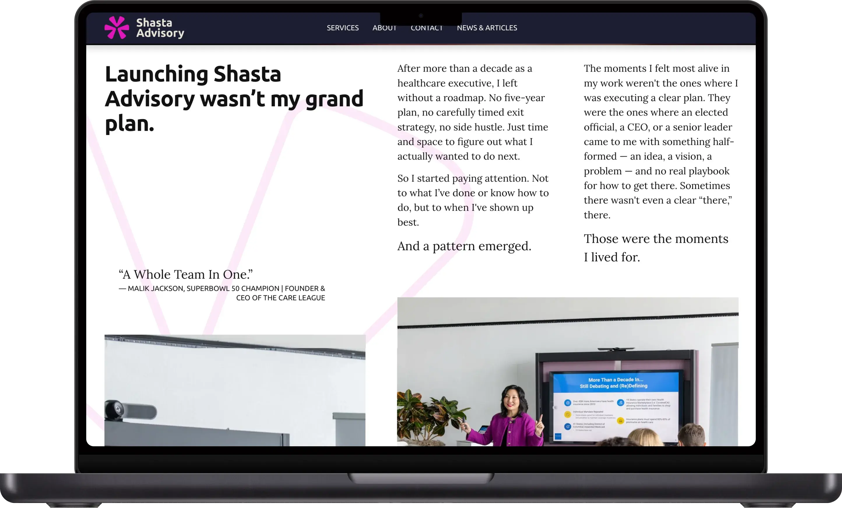 Shasta Advisory website on a MacBook Pro