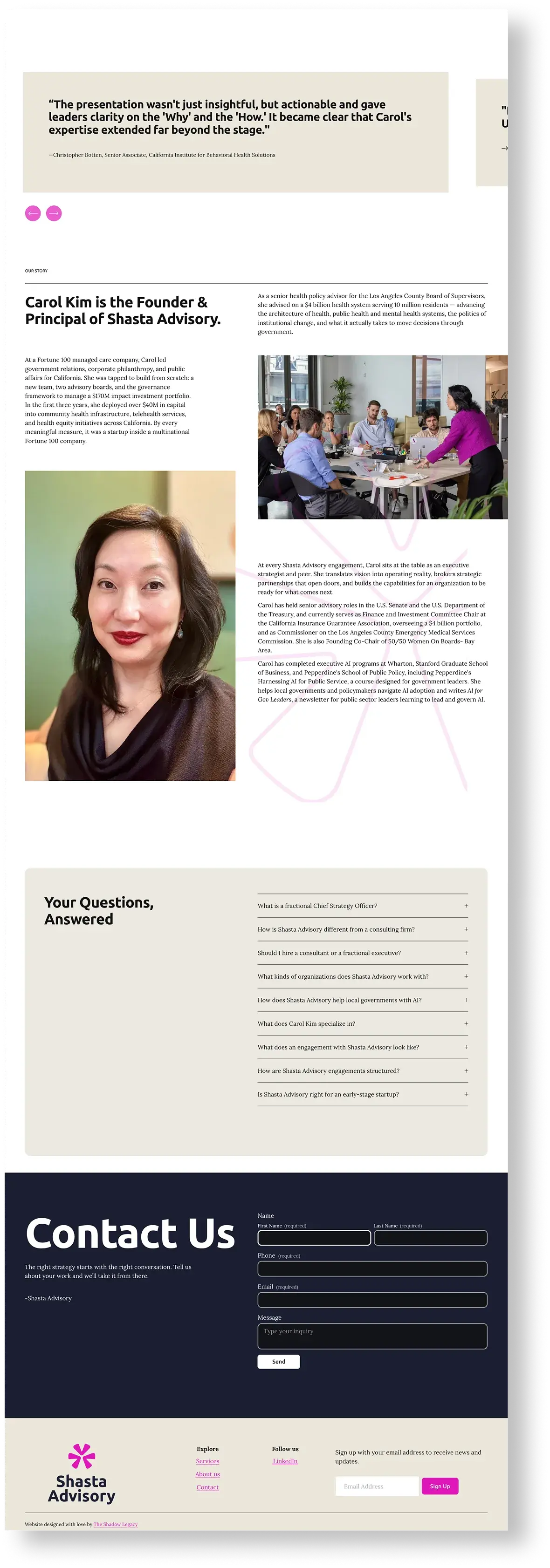 Full-page capture of shastaadvisory.com, second column