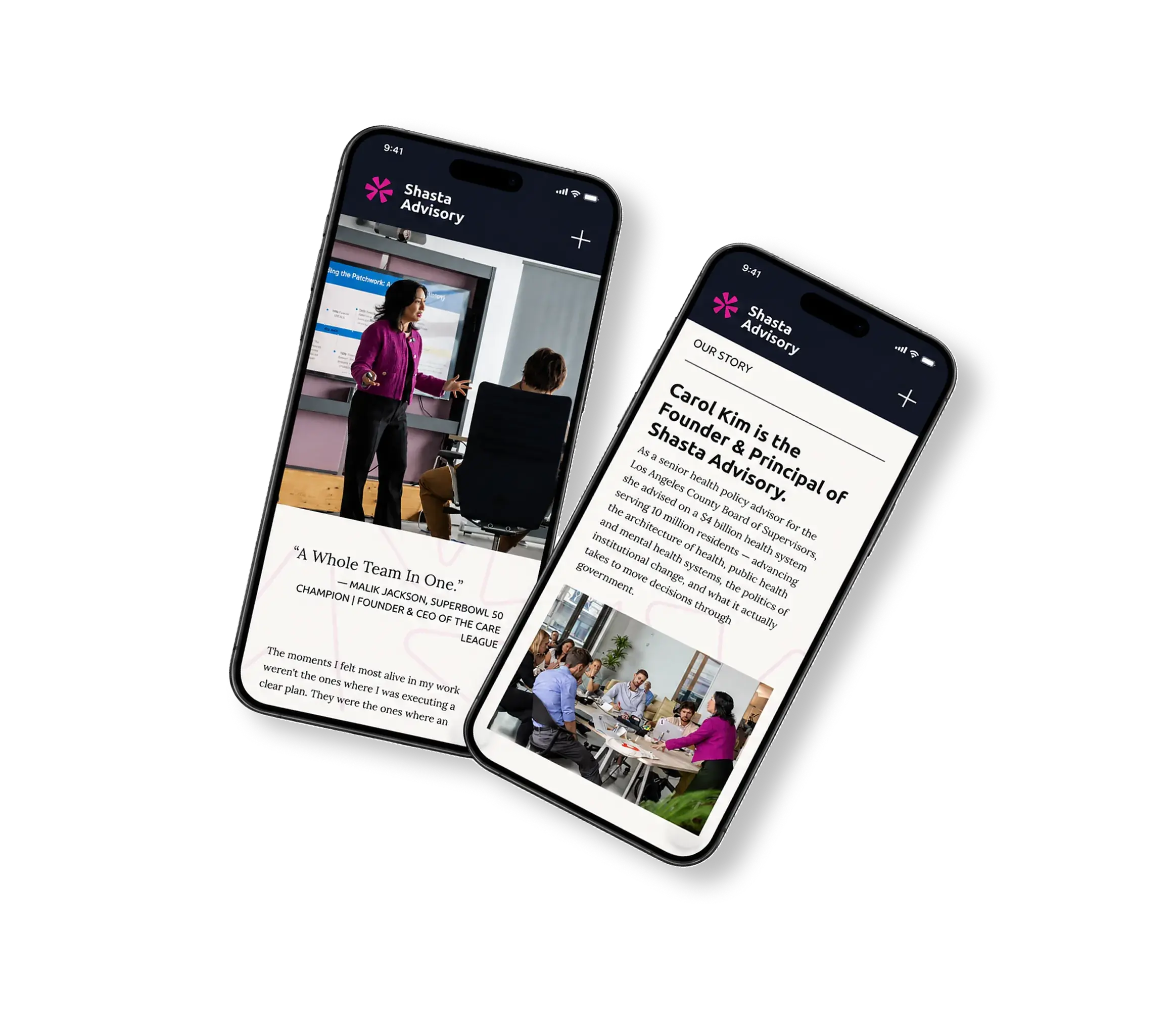 Two iPhones showing the Shasta Advisory mobile site