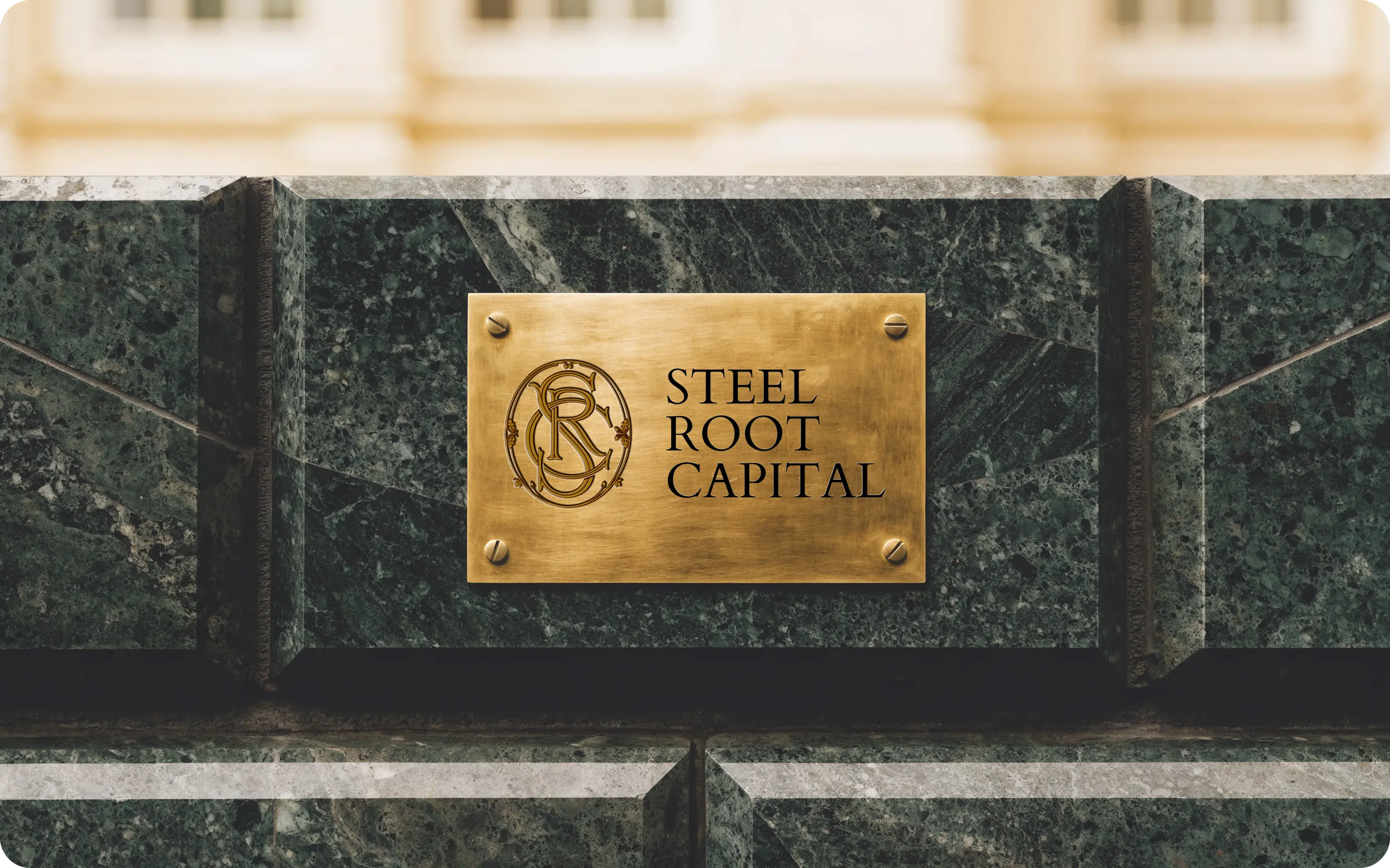 Steel Root Capital case cover: engraved brass plaque on marble, by The Shadow Legacy