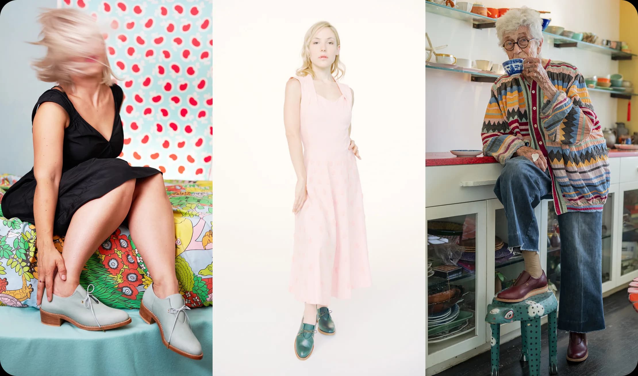 Bathke Bespoke: three lifestyle portraits of people wearing the shoes in different settings