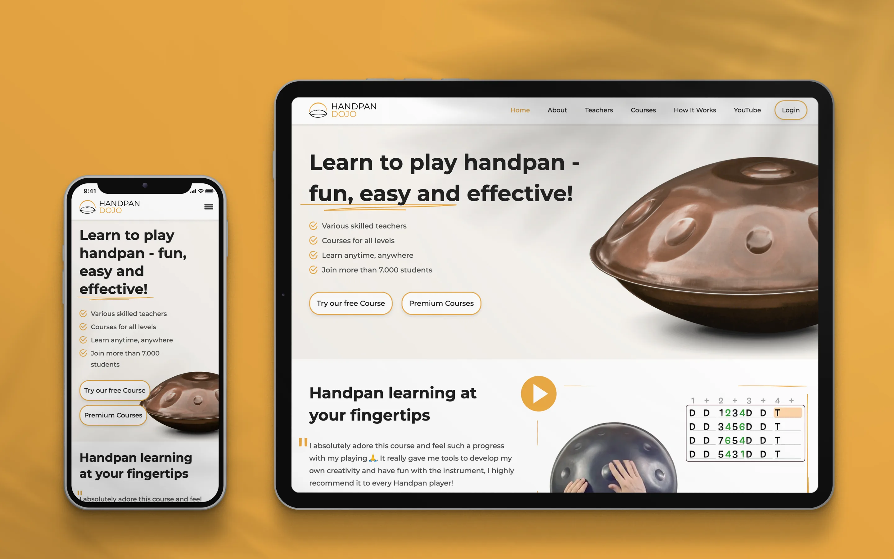 Handpan Dojo: elegant mockup of tablet and smartphone 1