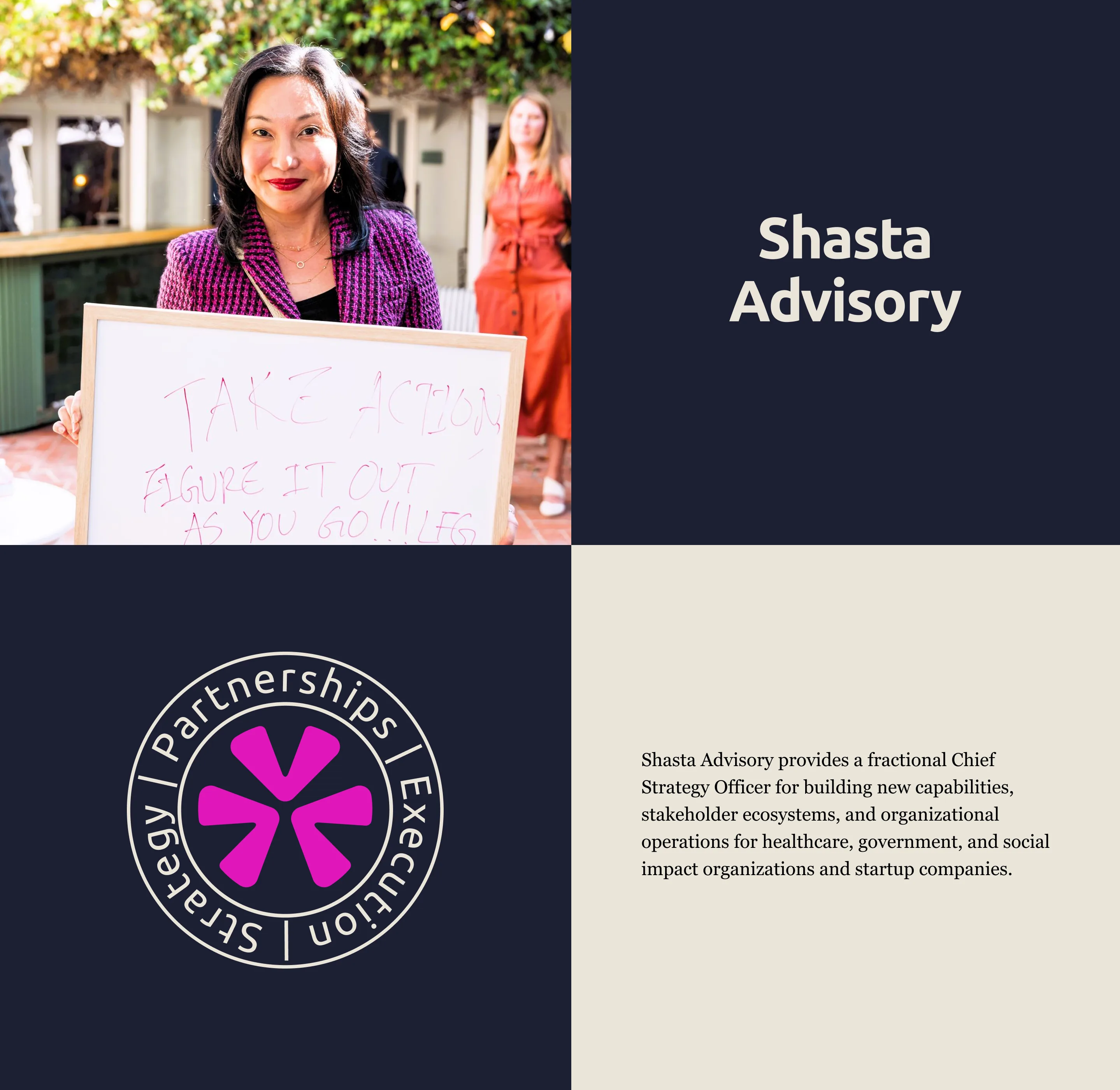 Shasta Advisory brand grid: photography, logotype, roundel badge, and positioning statement