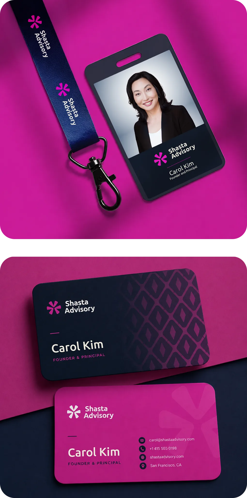 Shasta Advisory lanyard, ID badge, and Carol Kim business cards in pink