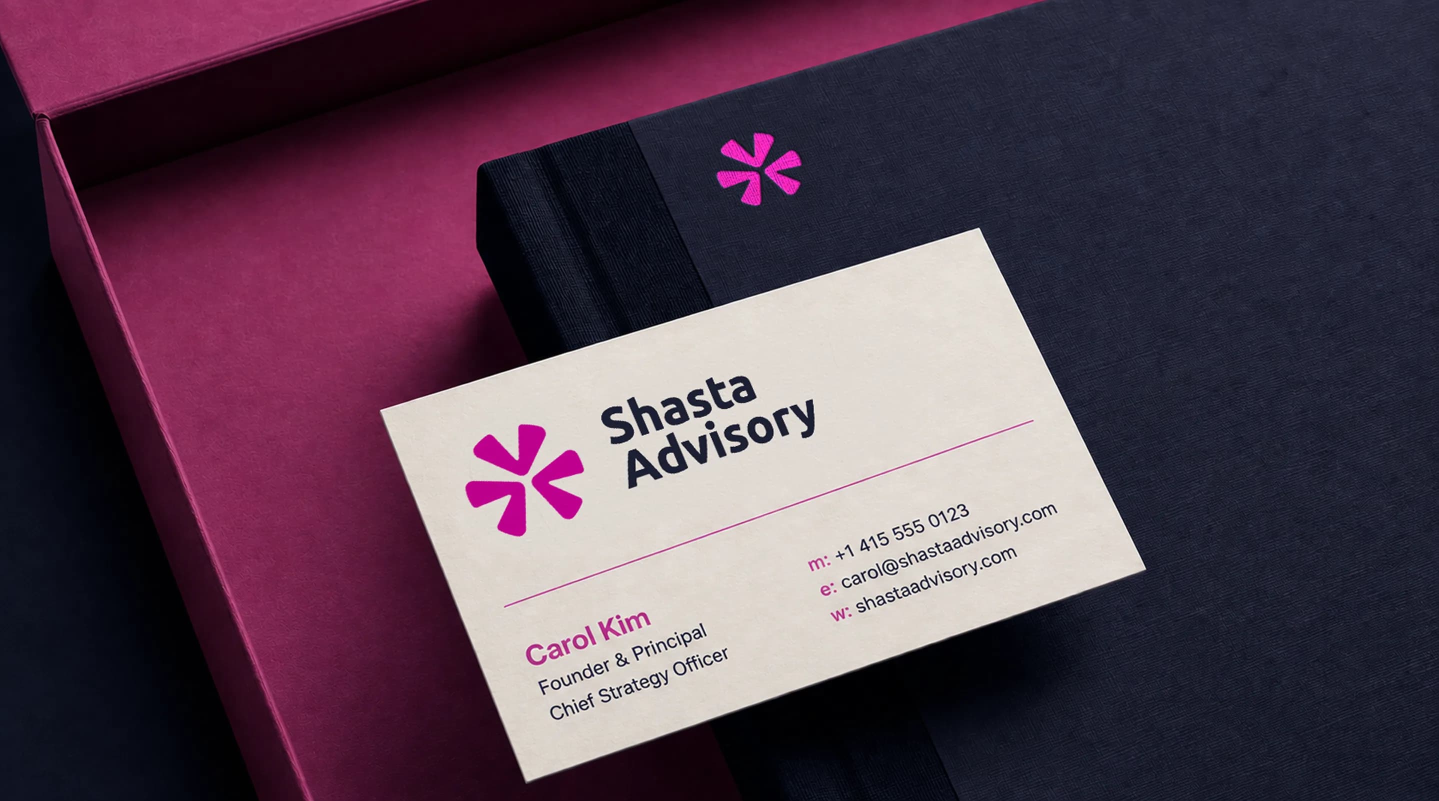 Shasta Advisory business card of Carol Kim on a pink box