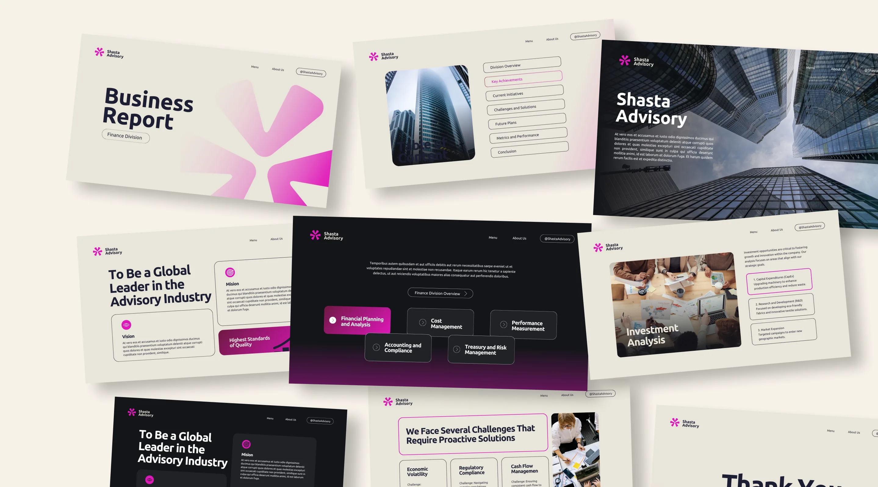 Shasta Advisory presentation template pages spread