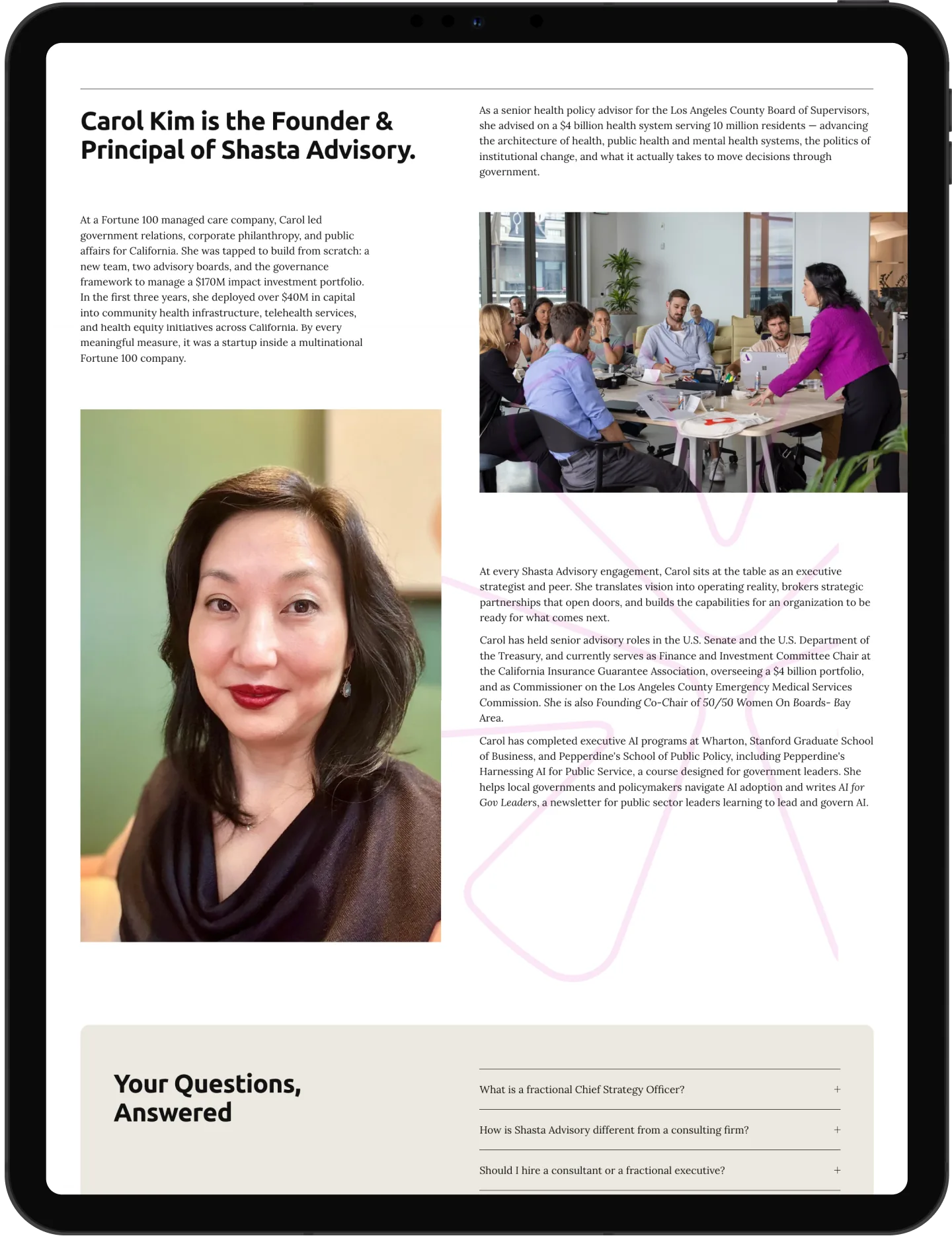 Shasta Advisory website on an iPad Pro