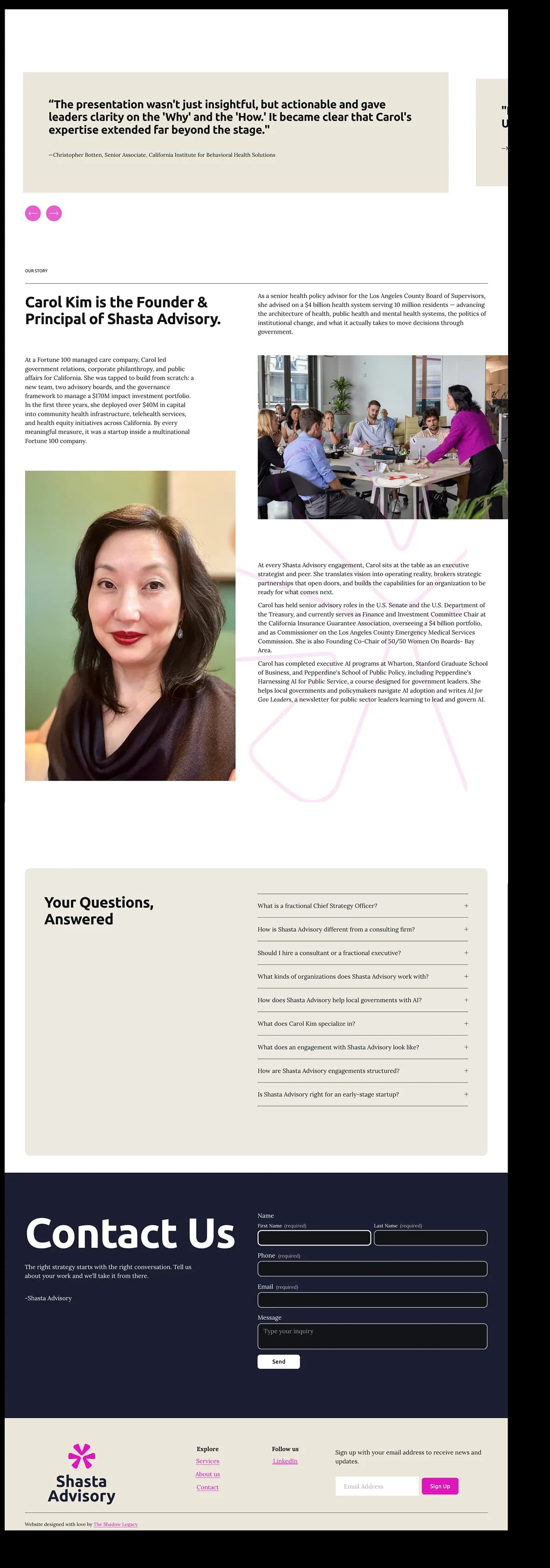 Full-page capture of shastaadvisory.com, second column