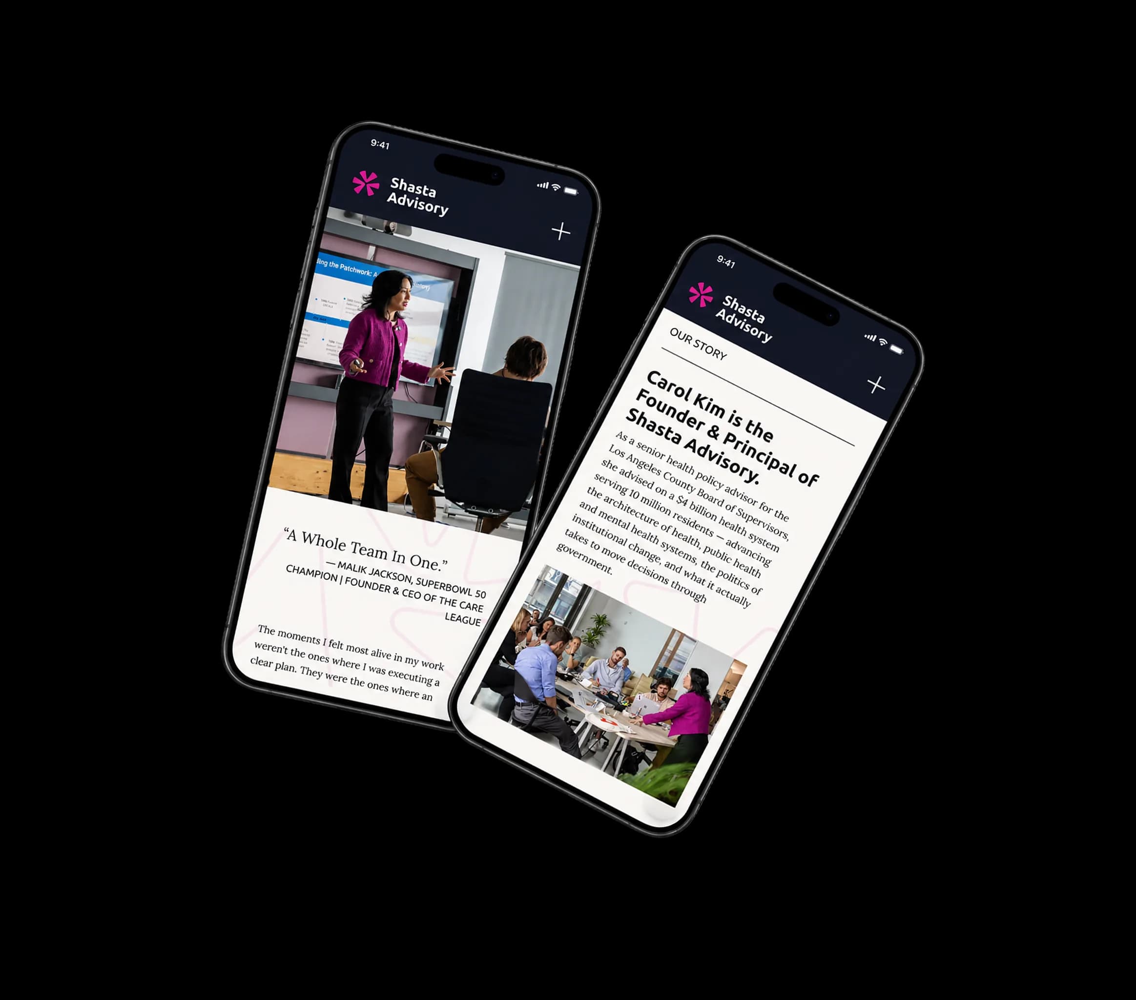 Two iPhones showing the Shasta Advisory mobile site