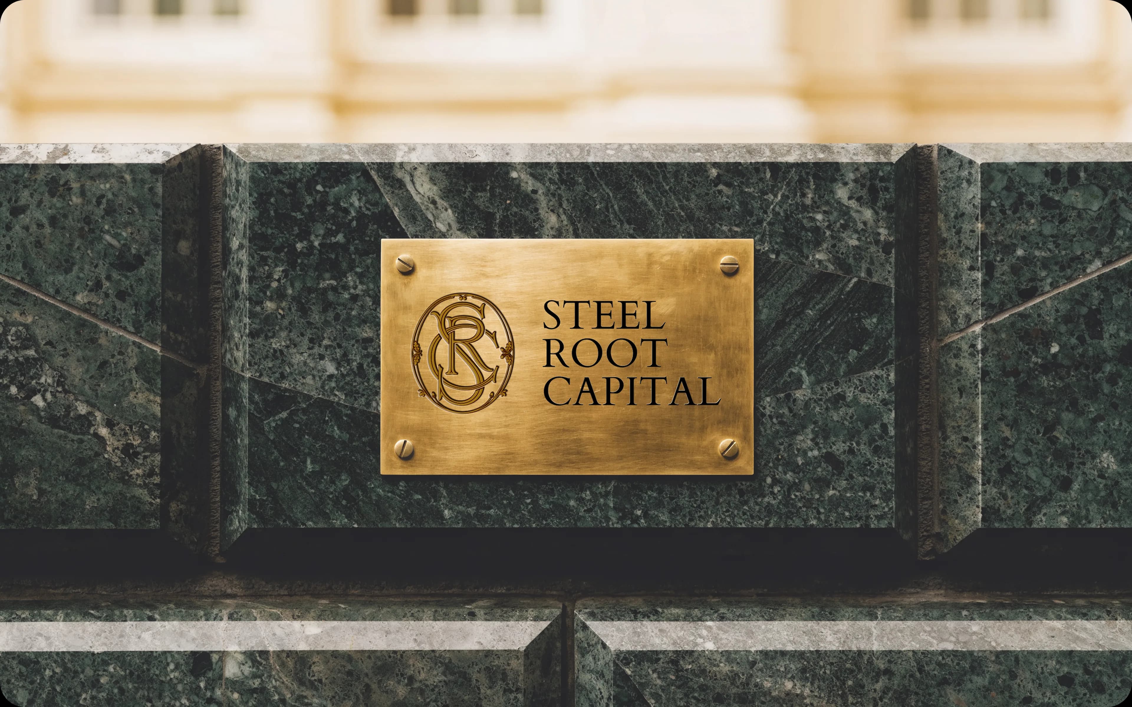 Steel Root Capital case cover: engraved brass plaque on marble, by The Shadow Legacy