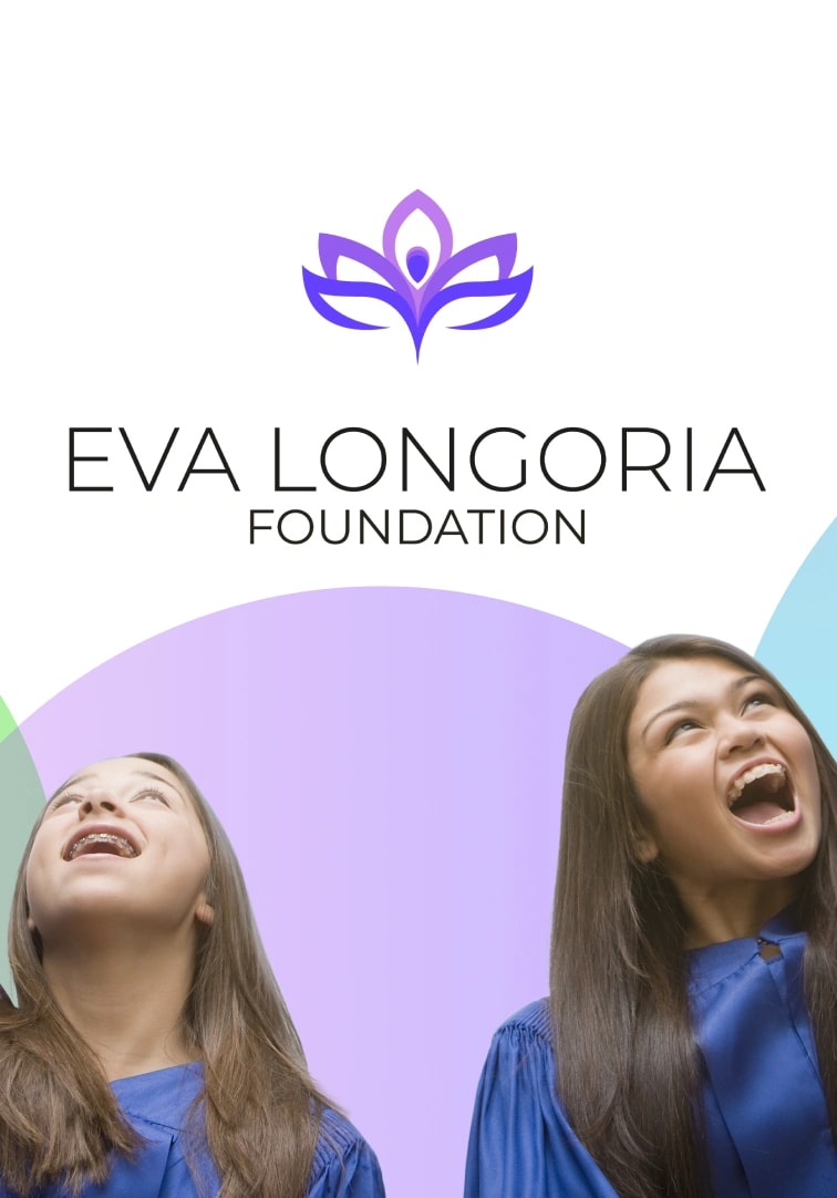 Eva Longoria Foundation strip card: wordmark over a photograph of two laughing women