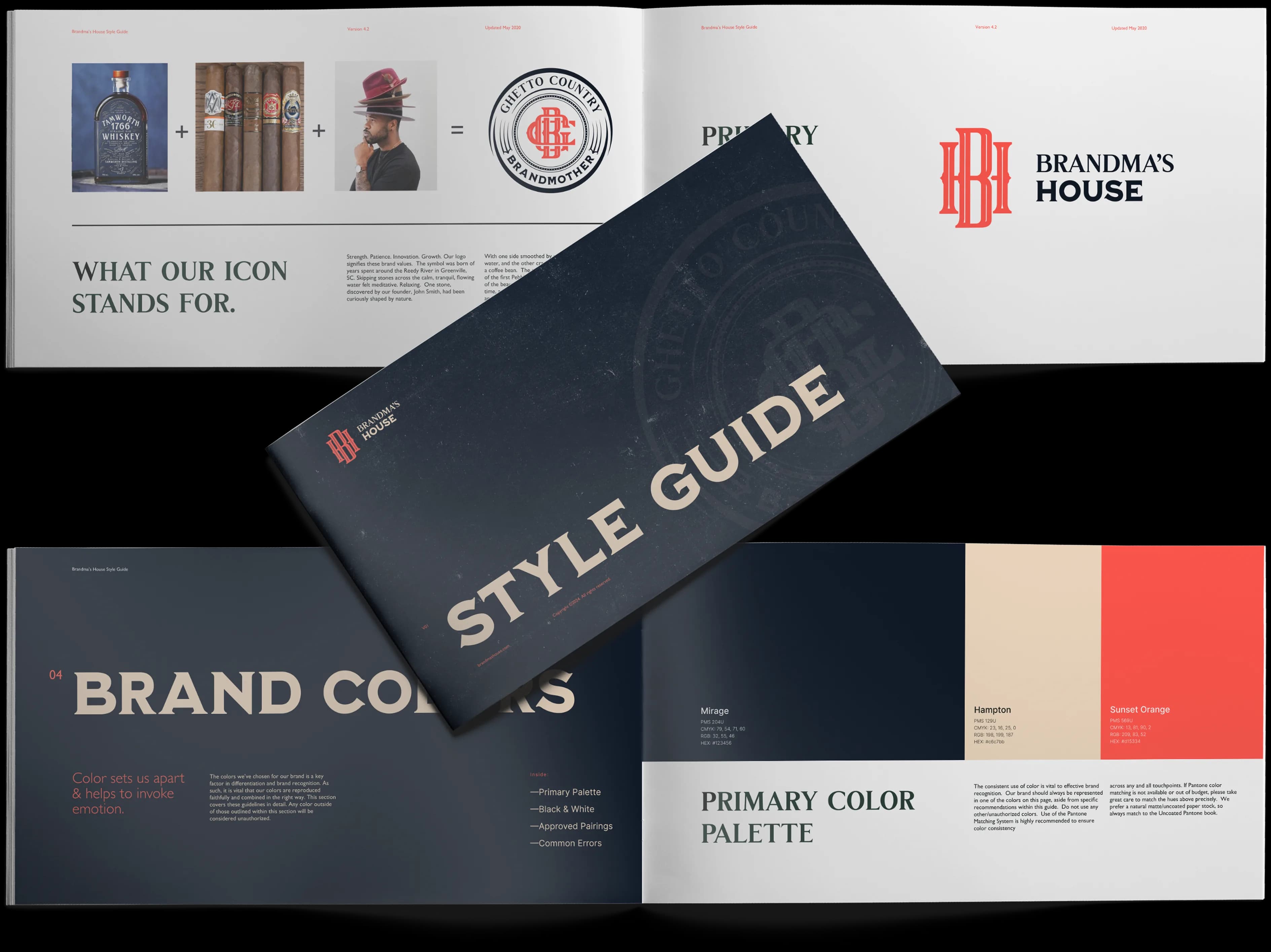 Ghetto Country Brandmother: Brandma's House style guide spread: icon meaning, cover, and primary colour palette