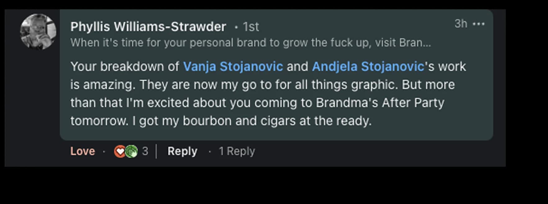 LinkedIn testimonial praising the Ghetto Country Brandmother rebrand, screenshot 1 of 12