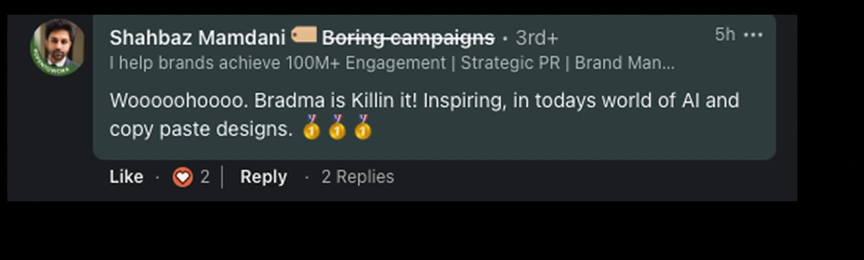 LinkedIn testimonial praising the Ghetto Country Brandmother rebrand, screenshot 4 of 12