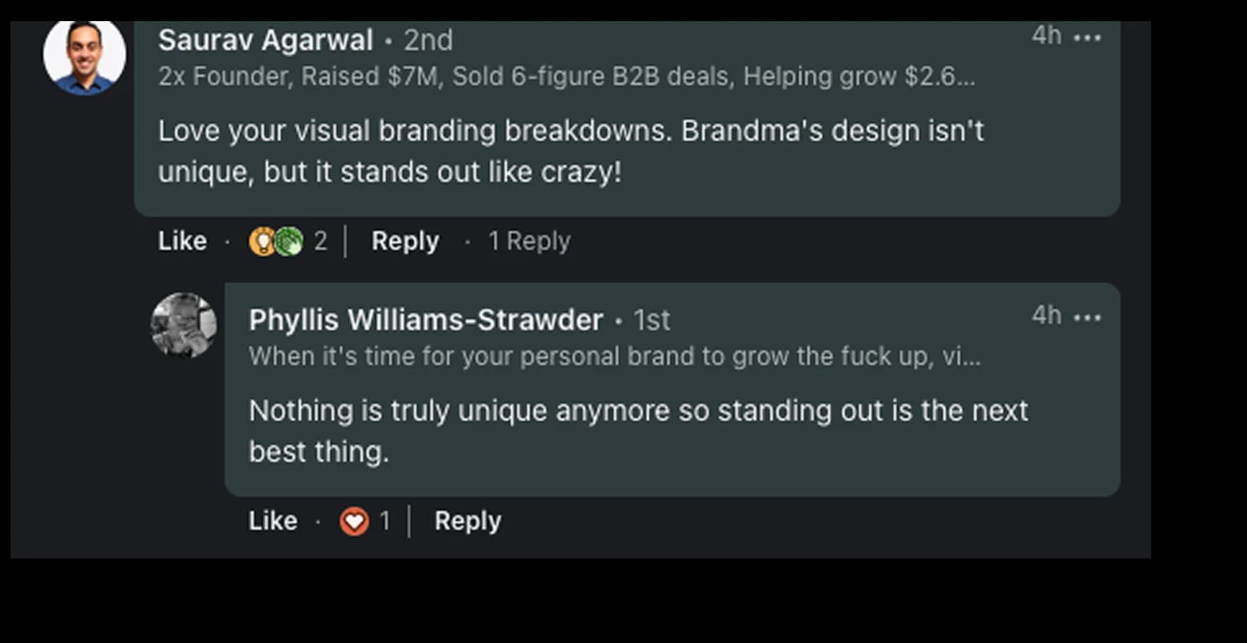 LinkedIn testimonial praising the Ghetto Country Brandmother rebrand, screenshot 9 of 12