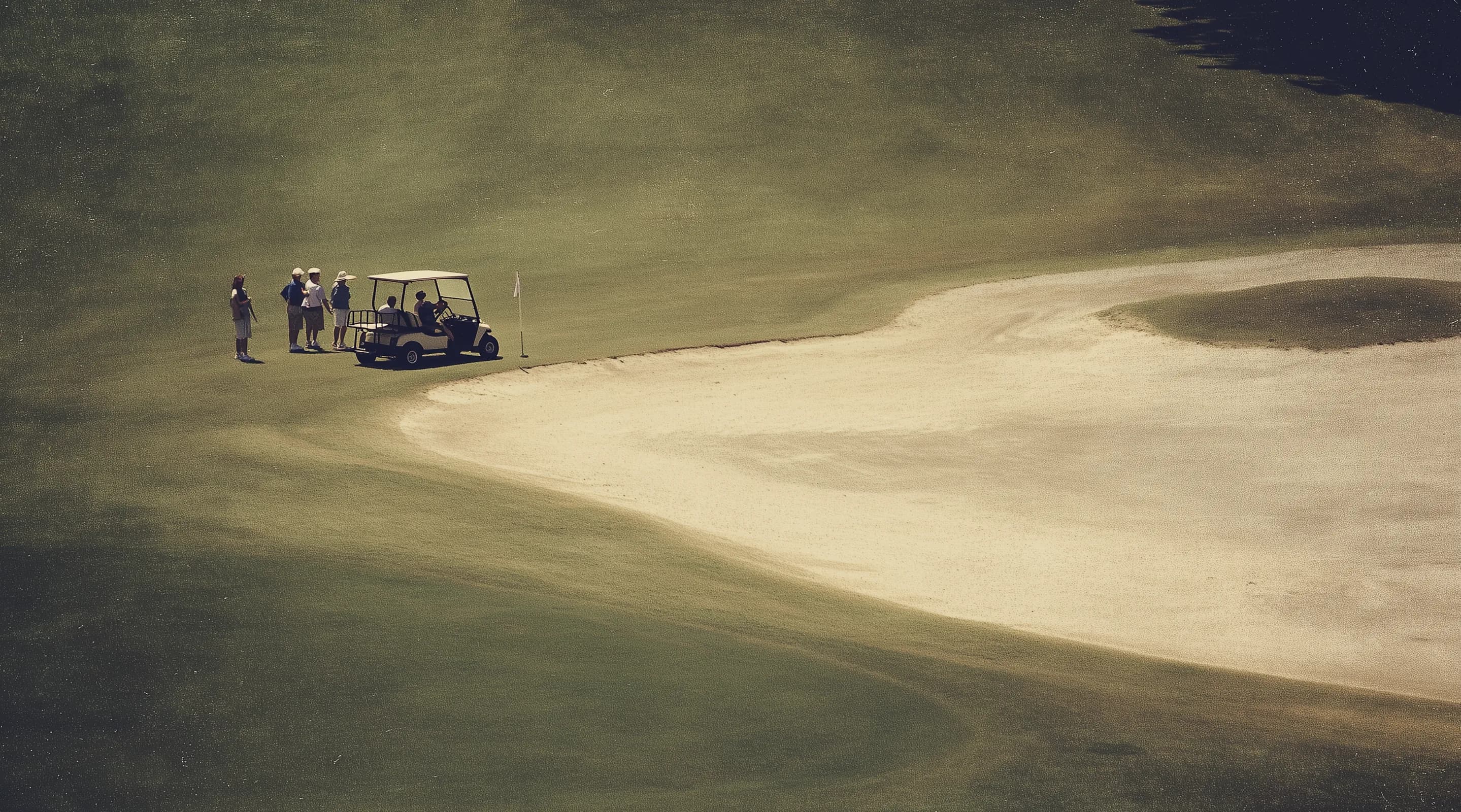 Vintage film photograph of a golf course from an elevated angle