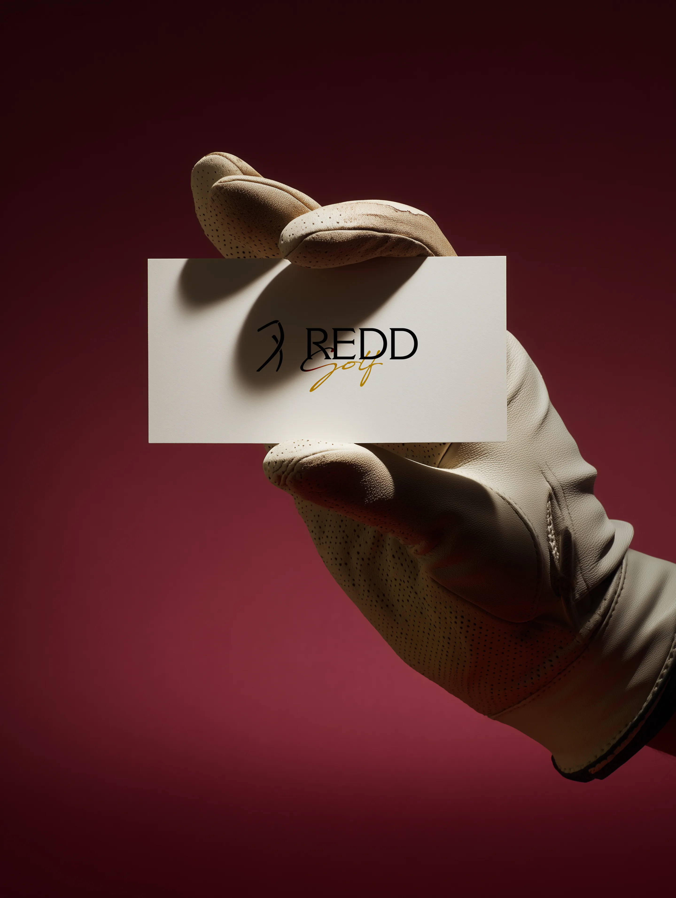 Textured Redd Golf business card held in one hand