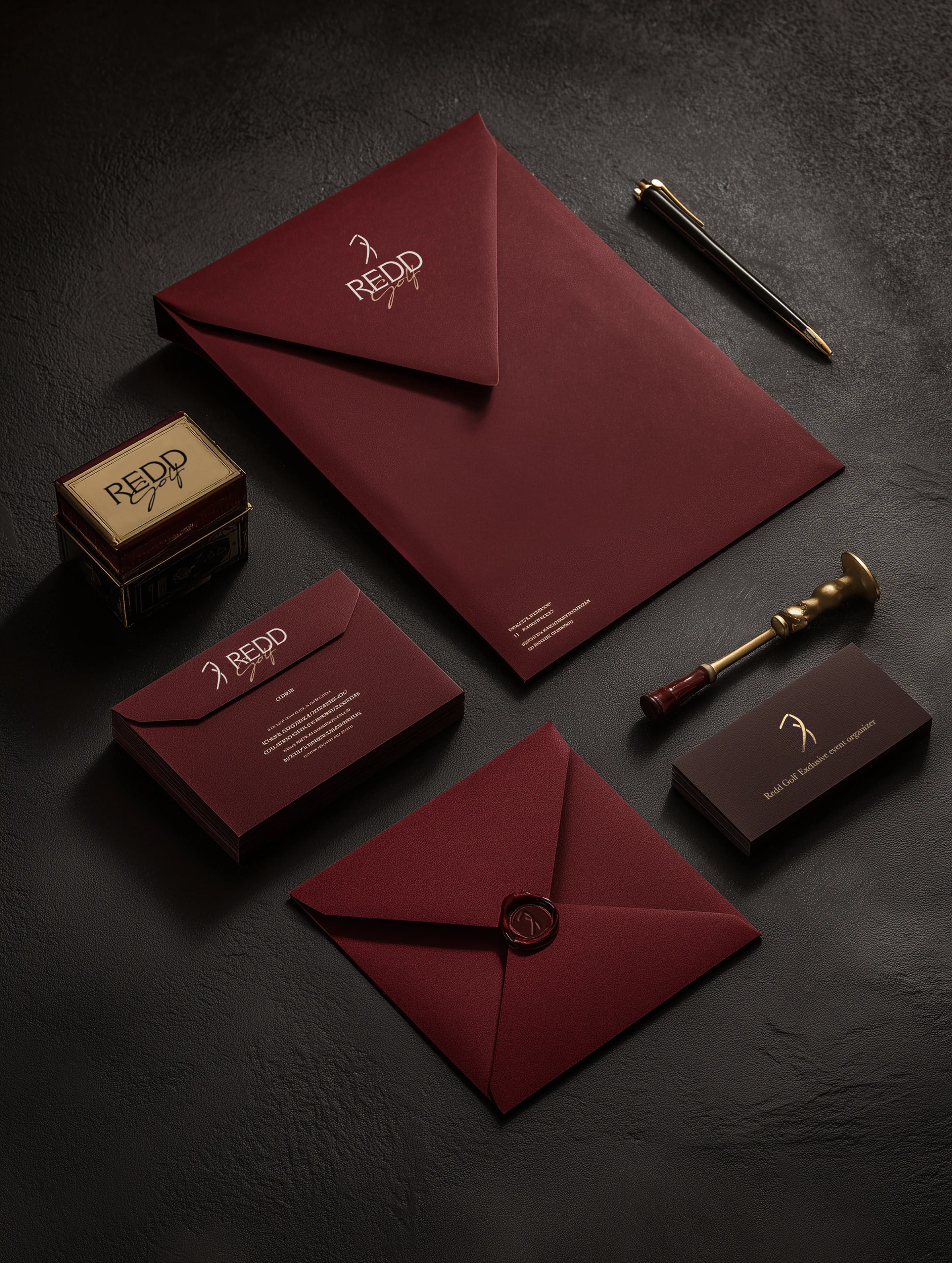 Redd Golf stationery photography in dark maroon and gold