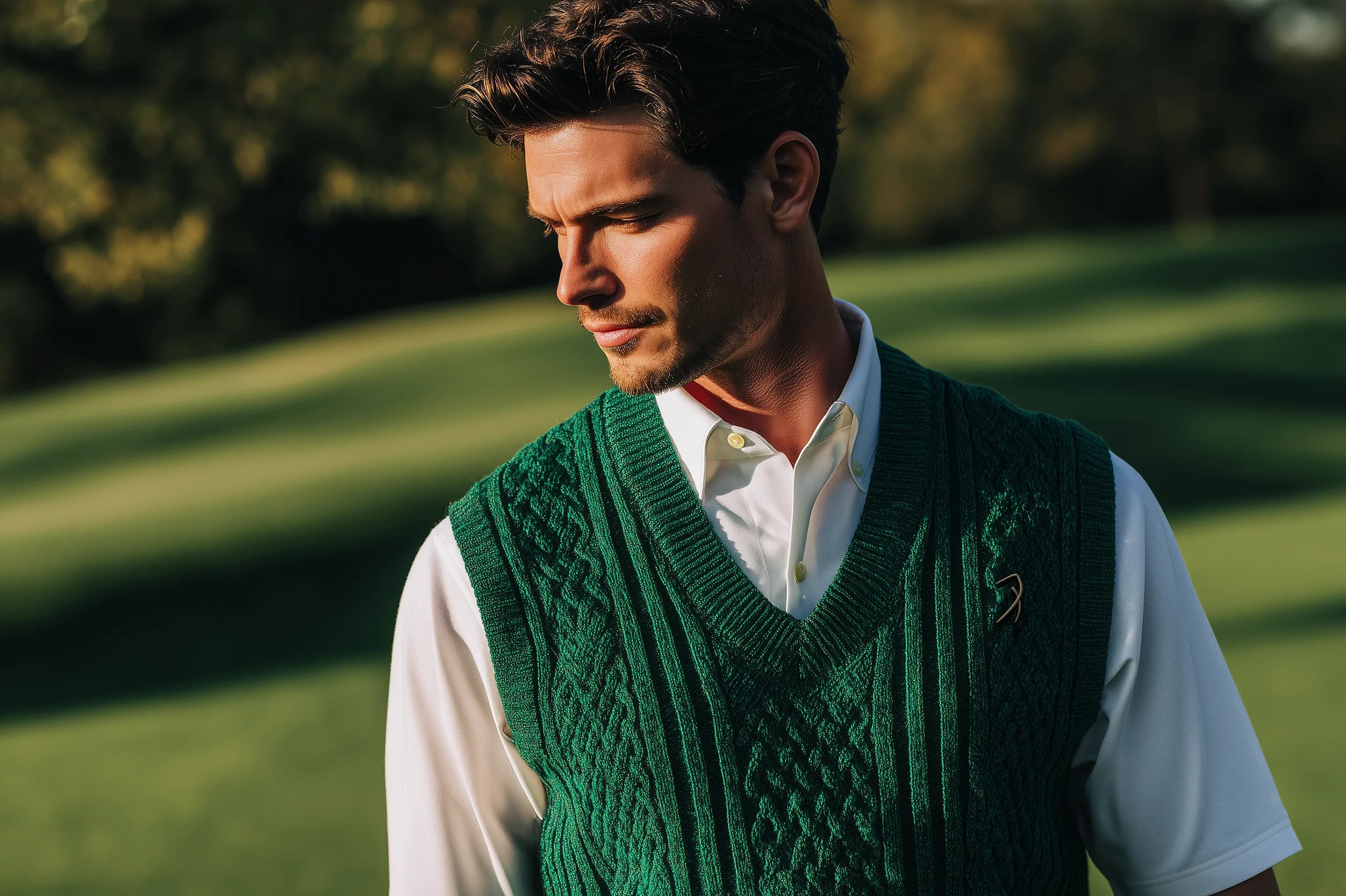 Man in a white polo and green sweater vest, Redd Golf apparel