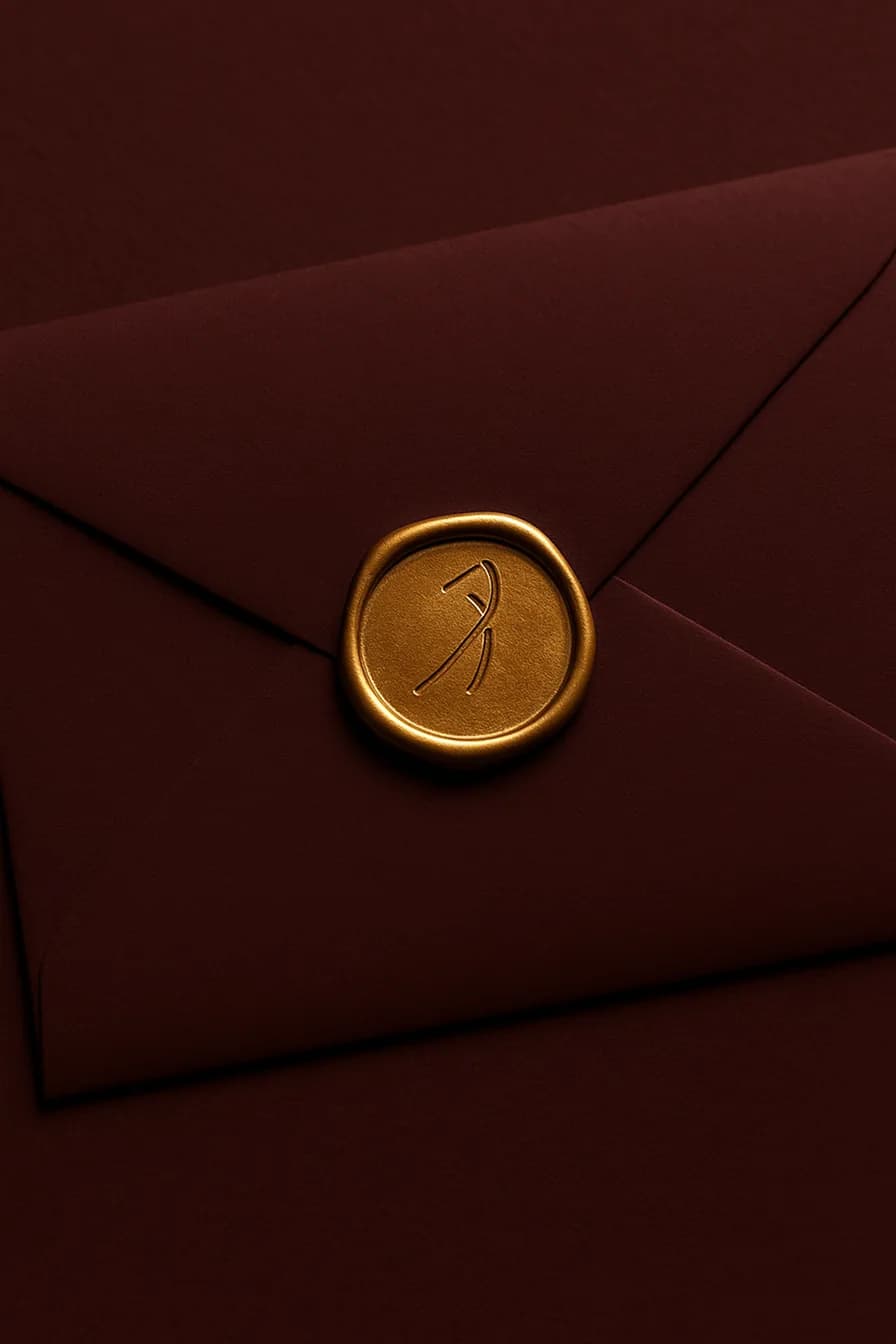 Dark maroon Redd Golf envelope with a gold wax seal