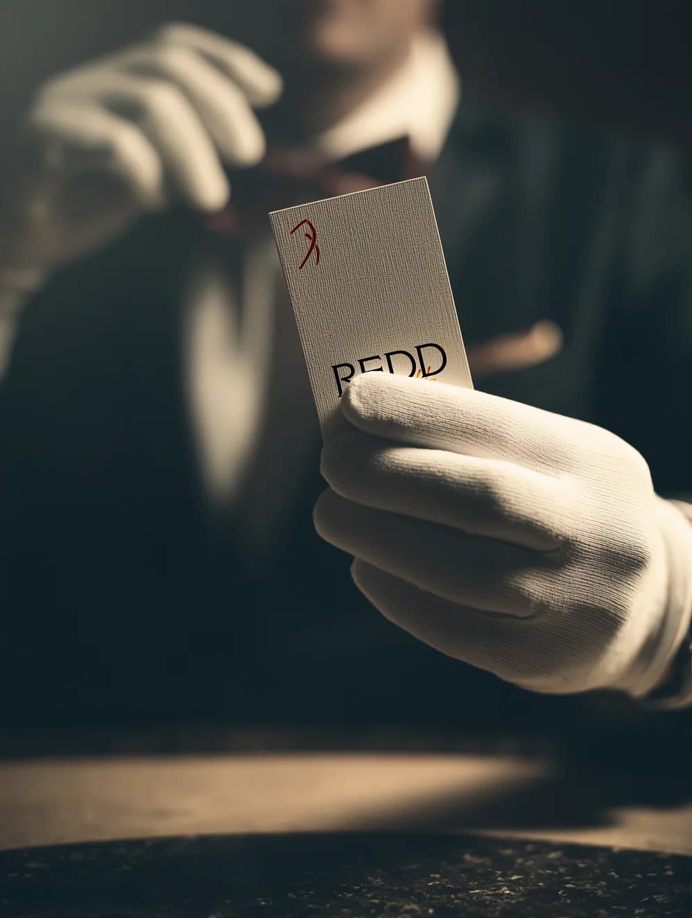 White-gloved hand presenting a Redd Golf business card