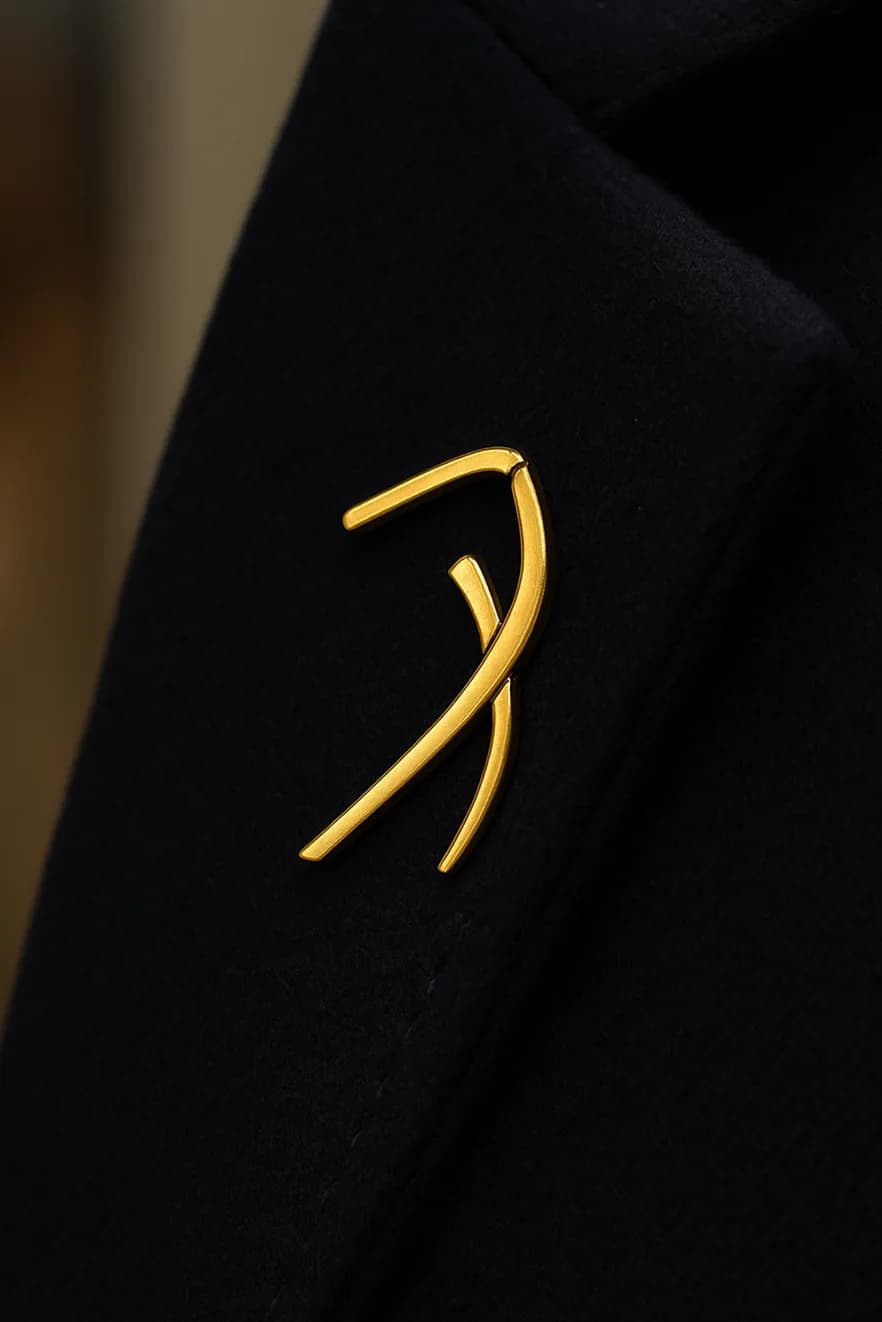 Gold Redd Golf symbol pin on dark fabric