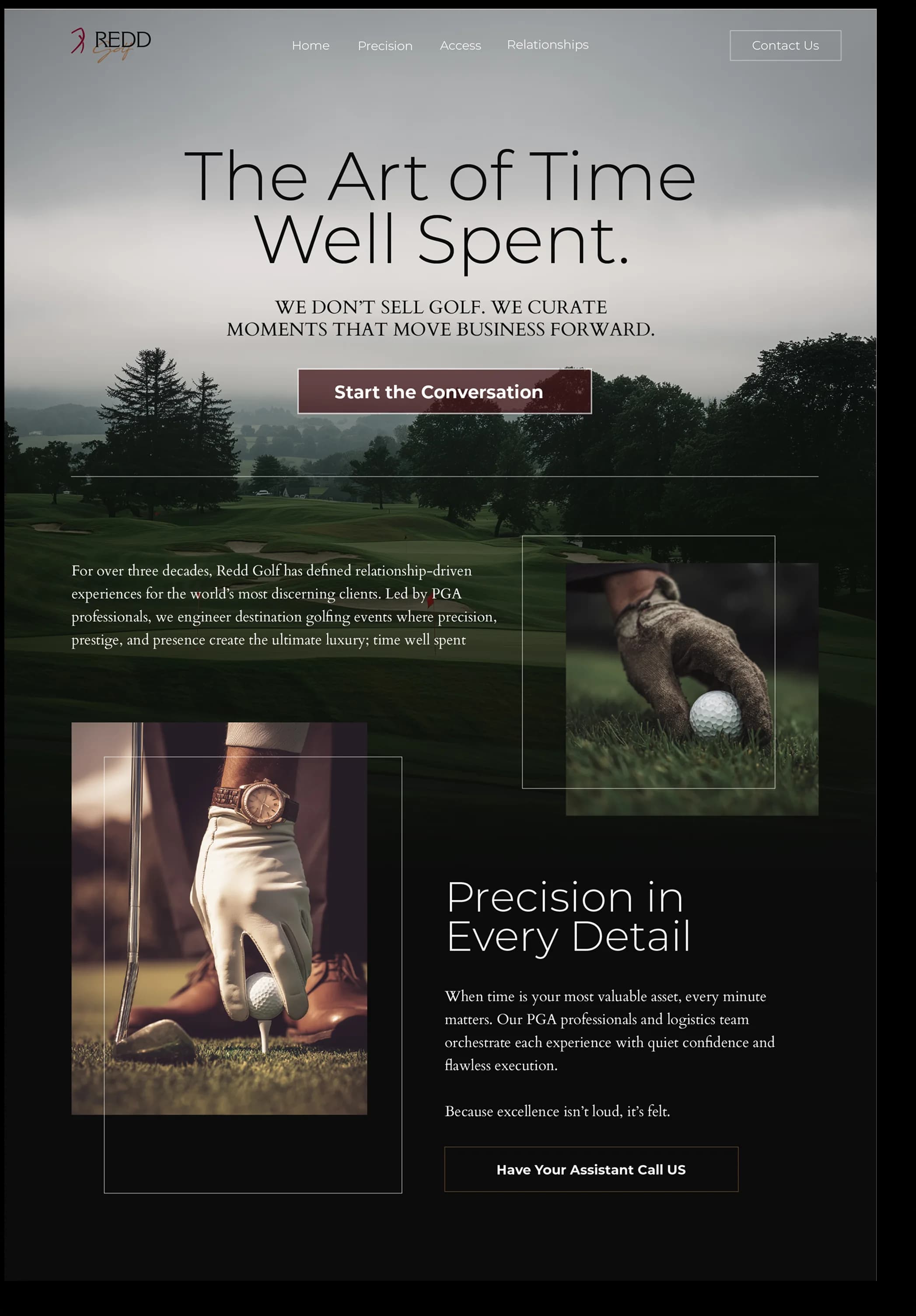 Redd Golf website design: The Art of Time Well Spent landing page